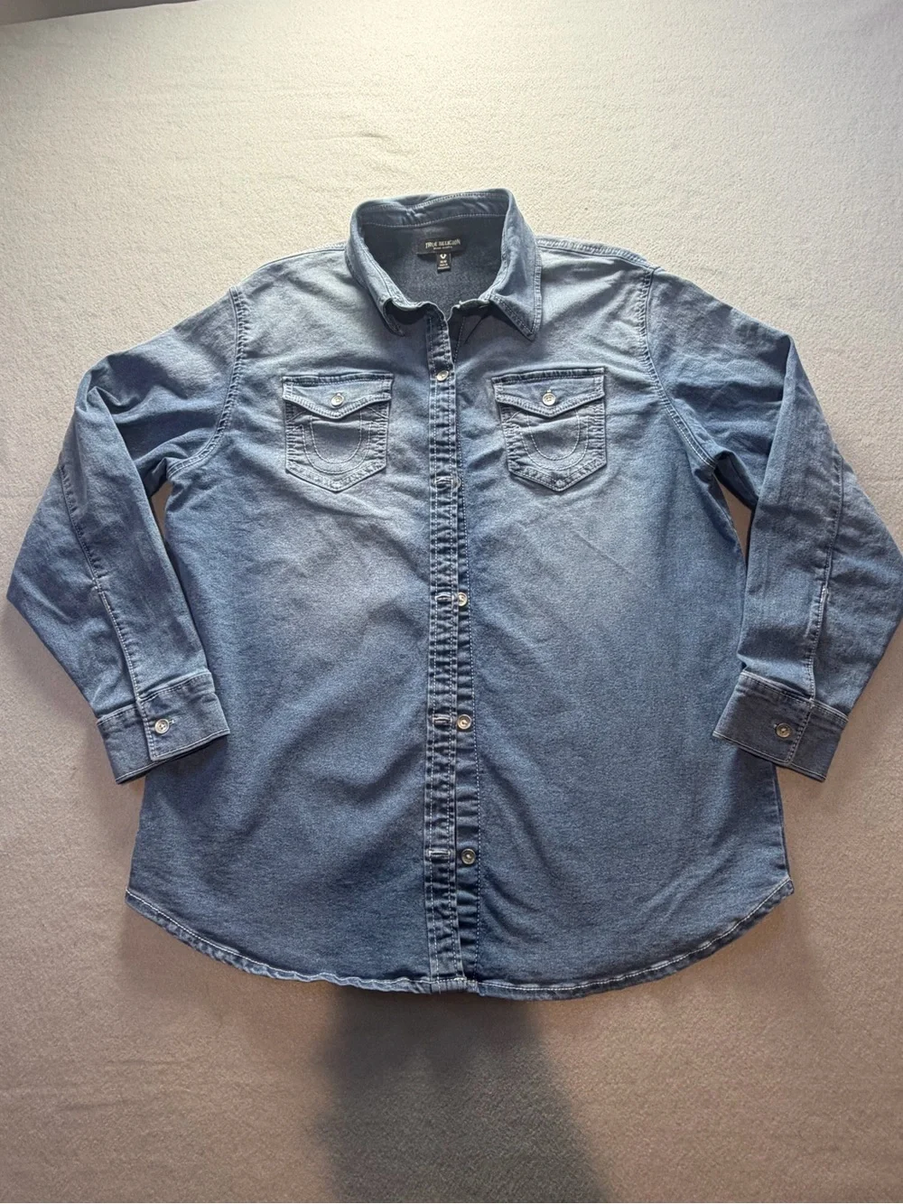 True Religion Men’s Medium Blue Denim Shirt Horseshoe Back